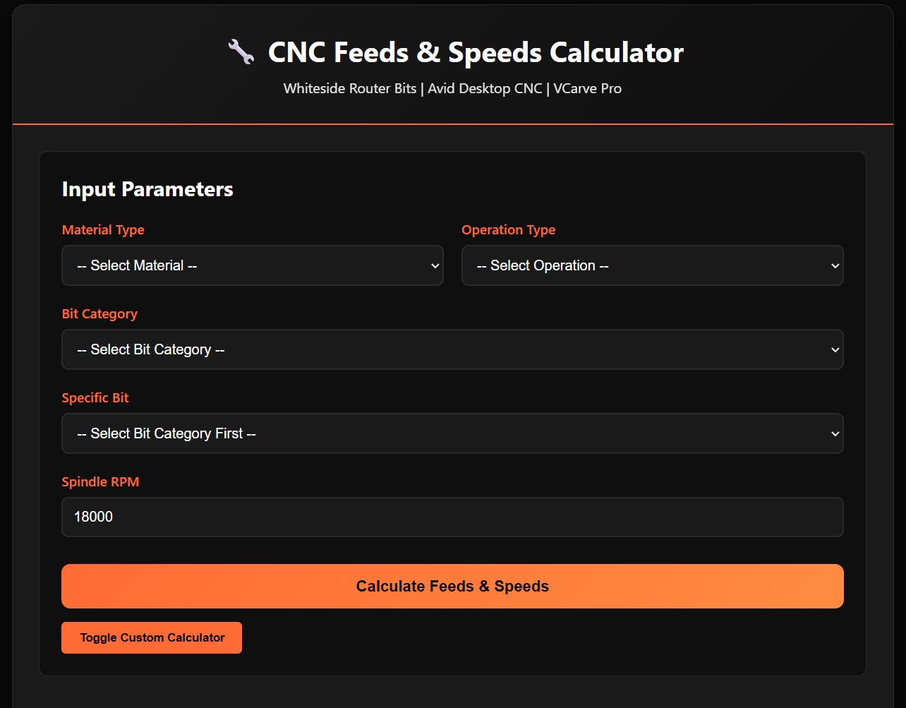Wood CNC Feeds and Speeds Calculator